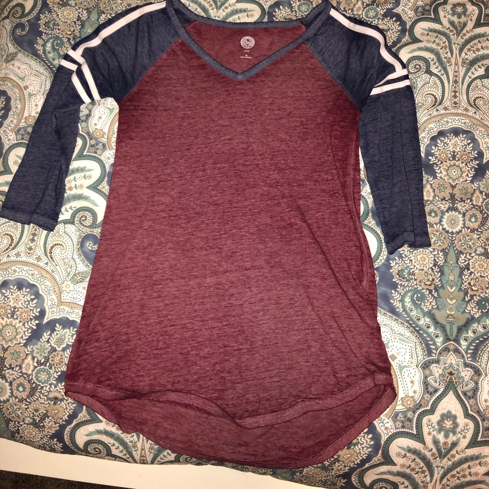 3/4 maroon and blue baseball tee
